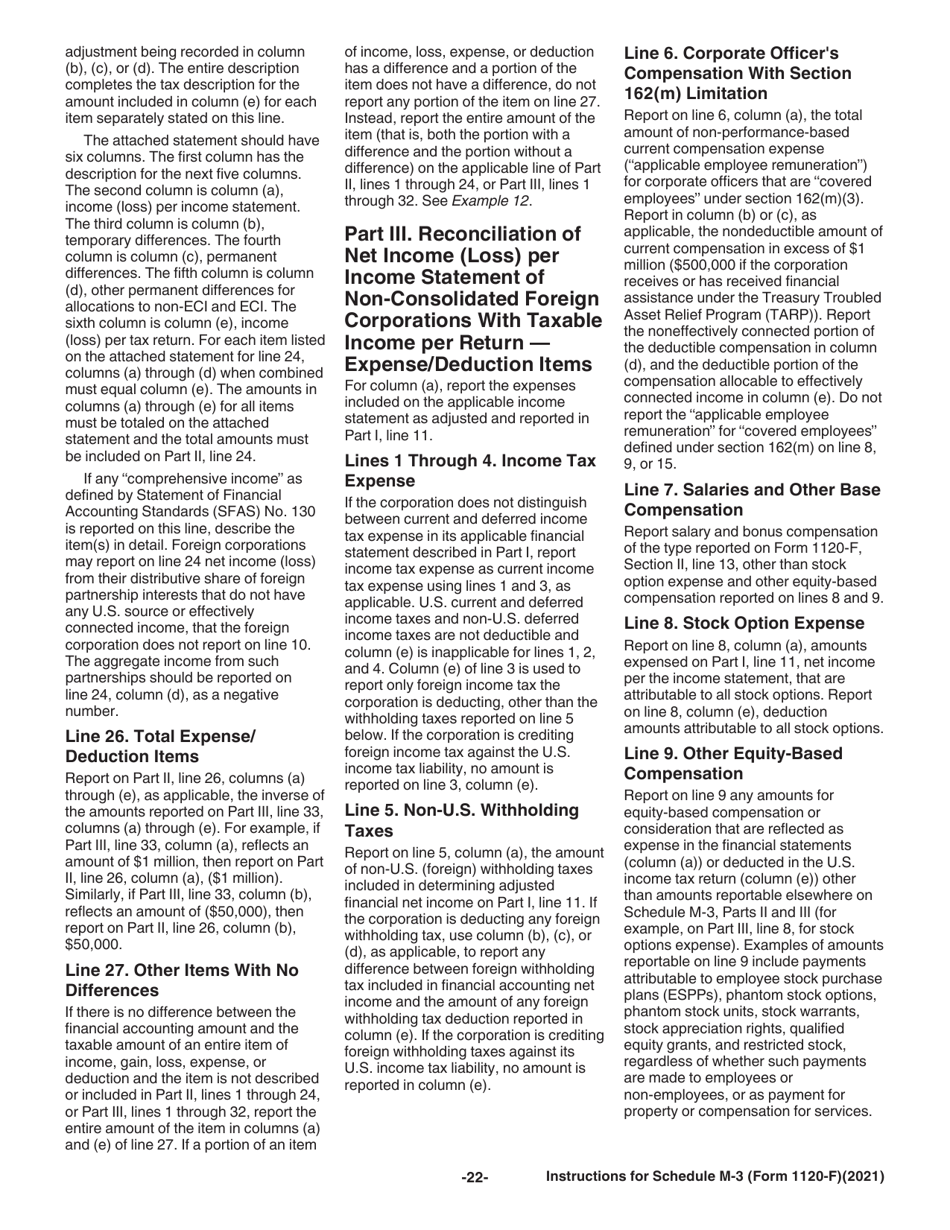 Instructions for IRS Form 1120-F Schedule M-3 Net Income (Loss) Reconciliation for Foreign Corporations With Reportable Assets of $10 Million or More, Page 22