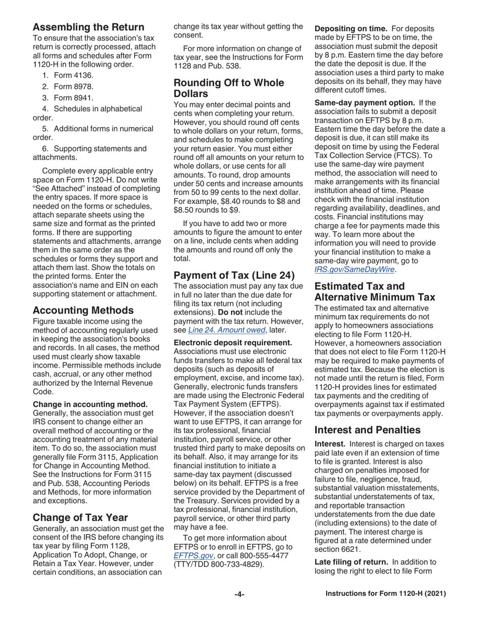 Instructions for IRS Form 1120-H U.S. Income Tax Return for Homeowners Associations, Page 4