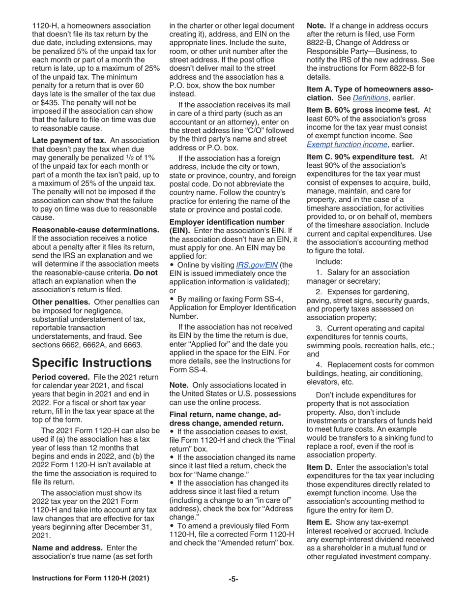 Instructions for IRS Form 1120-H U.S. Income Tax Return for Homeowners Associations, Page 5