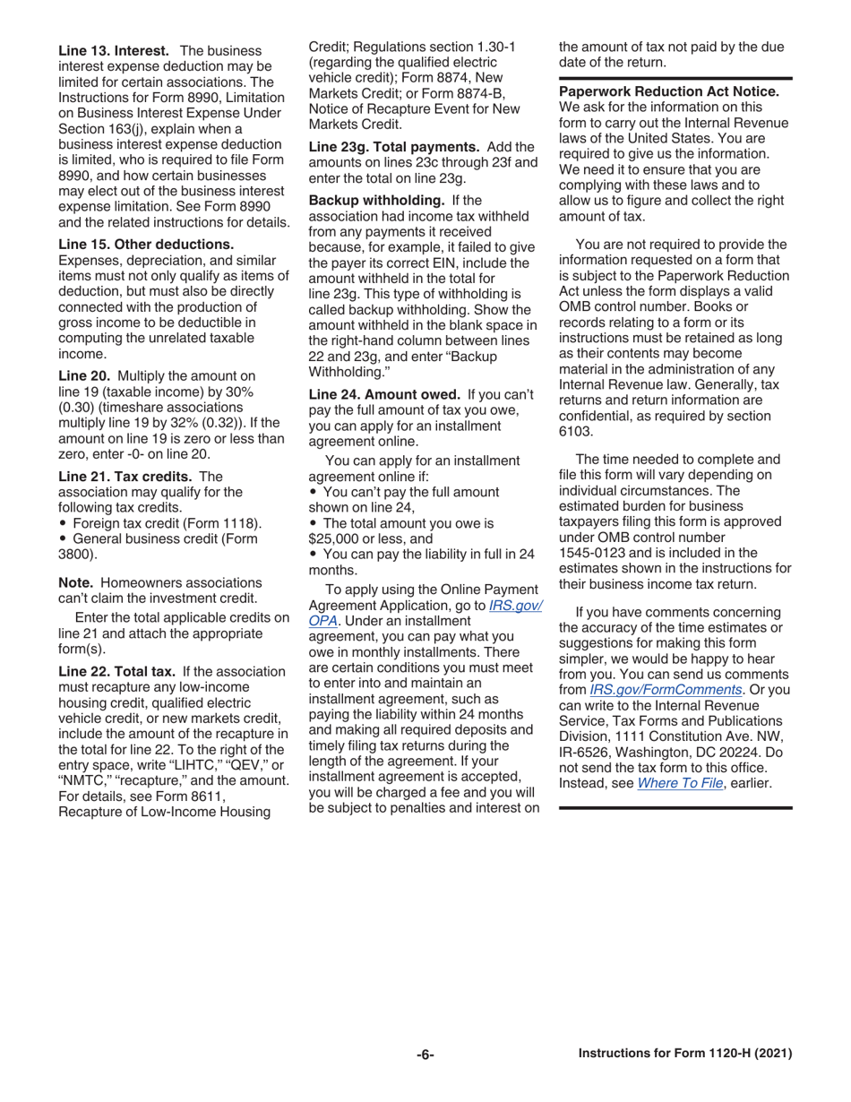 Instructions for IRS Form 1120-H U.S. Income Tax Return for Homeowners Associations, Page 6