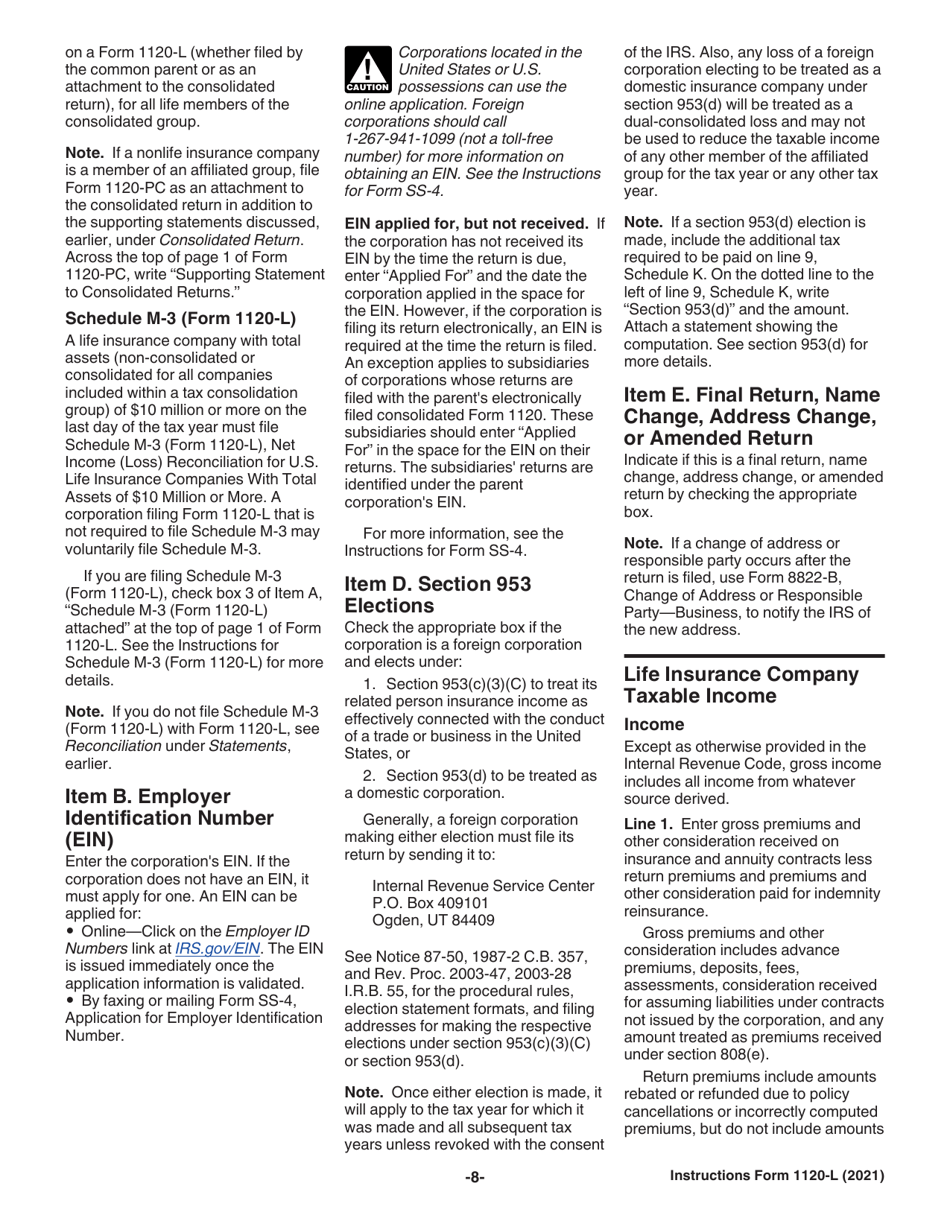 Instructions for IRS Form 1120-L U.S. Life Insurance Company Income Tax Return, Page 8