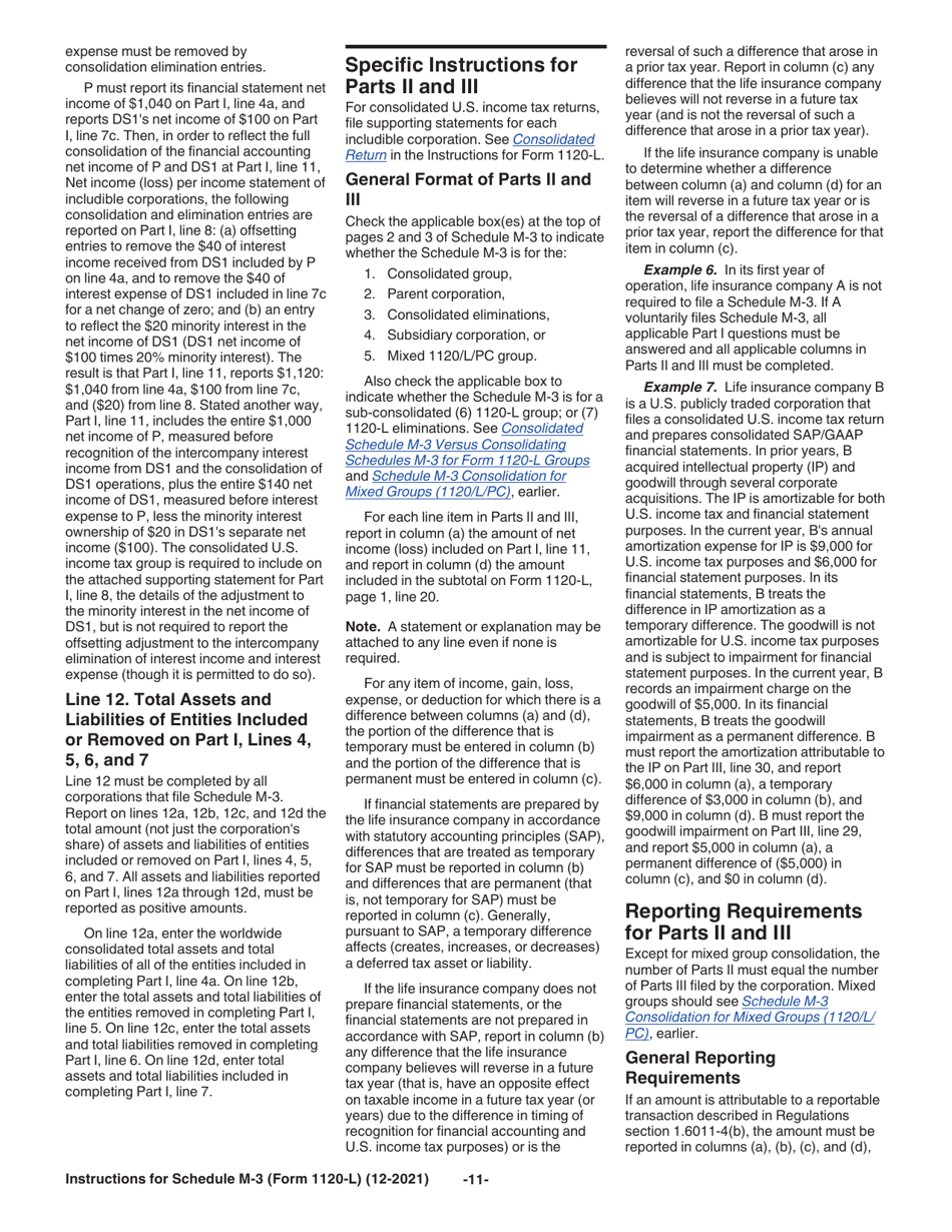 Instructions for IRS Form 1120-L Schedule M-3 Net Income (Loss) Reconciliation for U.S. Life Insurance Companies With Total Assets of $10 Million or More, Page 11