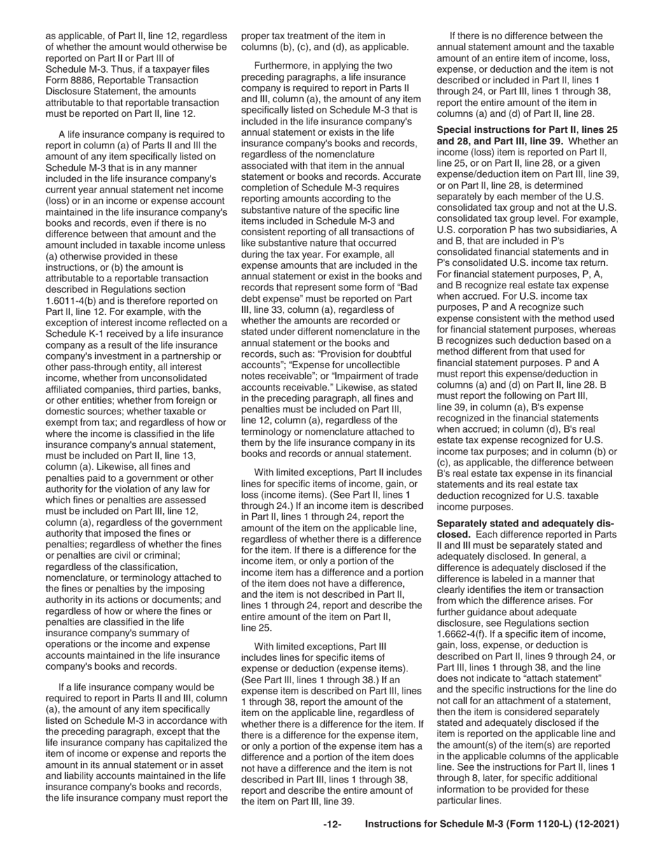 Instructions for IRS Form 1120-L Schedule M-3 Net Income (Loss) Reconciliation for U.S. Life Insurance Companies With Total Assets of $10 Million or More, Page 12