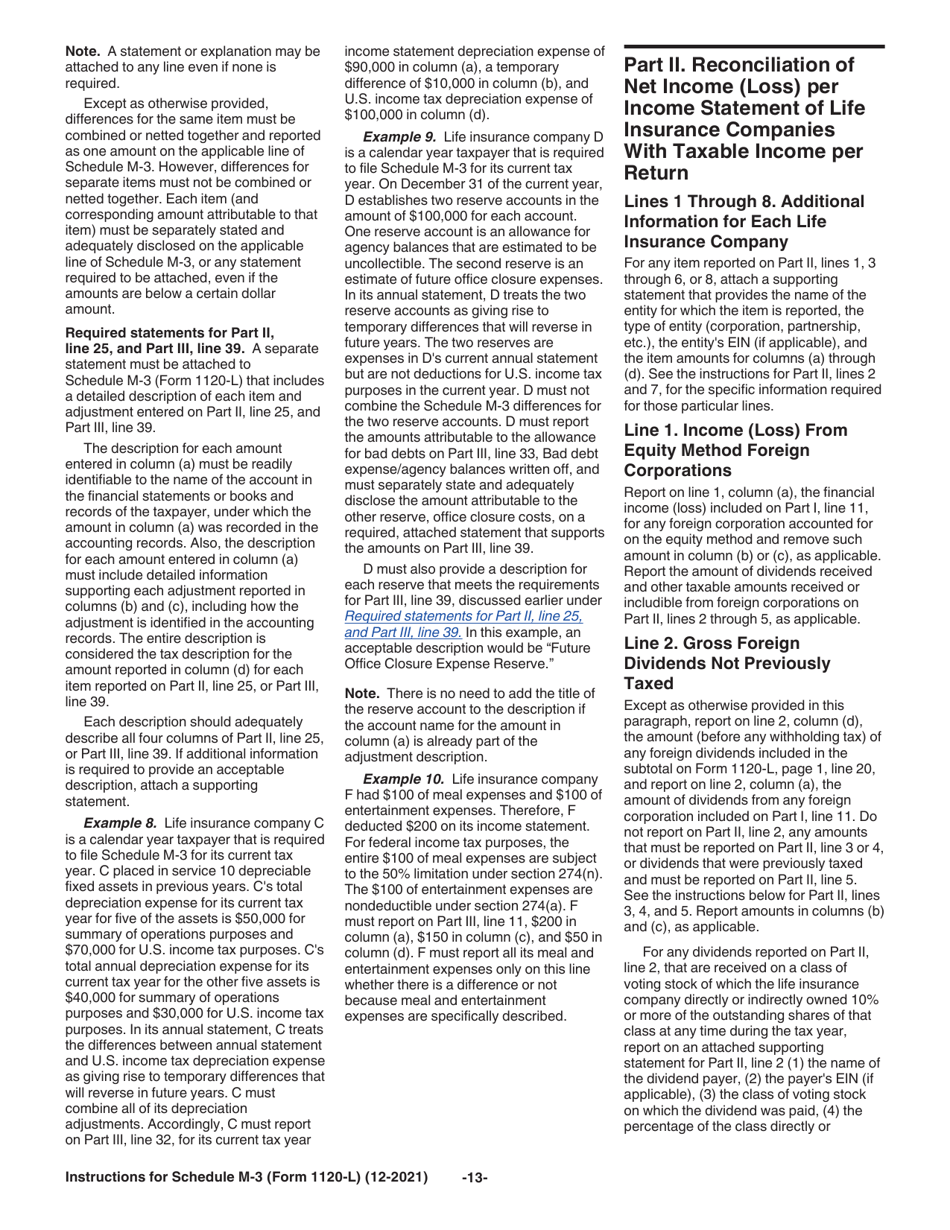 Instructions for IRS Form 1120-L Schedule M-3 Net Income (Loss) Reconciliation for U.S. Life Insurance Companies With Total Assets of $10 Million or More, Page 13