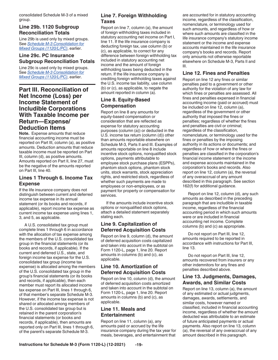 Instructions for IRS Form 1120-L Schedule M-3 Net Income (Loss) Reconciliation for U.S. Life Insurance Companies With Total Assets of $10 Million or More, Page 19