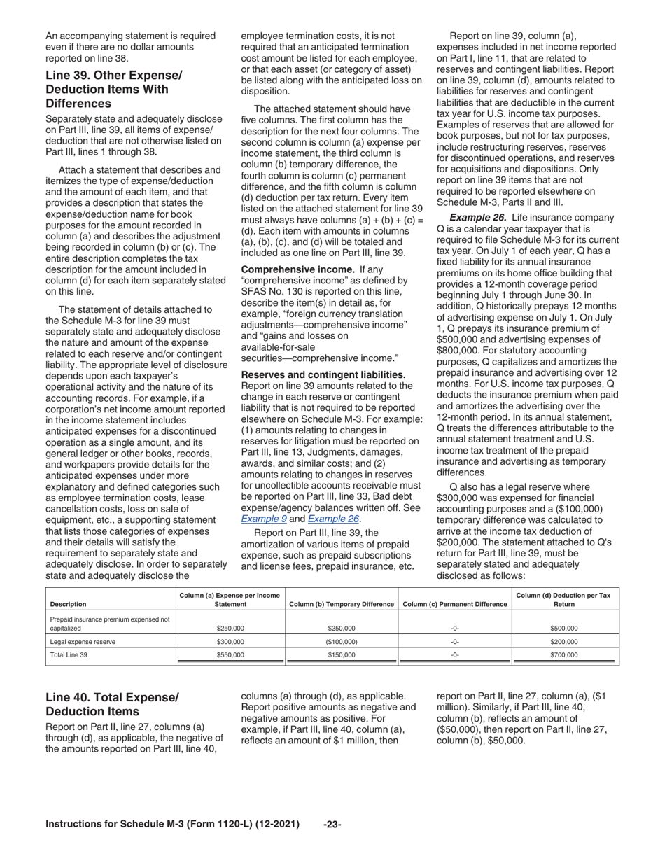Instructions for IRS Form 1120-L Schedule M-3 Net Income (Loss) Reconciliation for U.S. Life Insurance Companies With Total Assets of $10 Million or More, Page 23