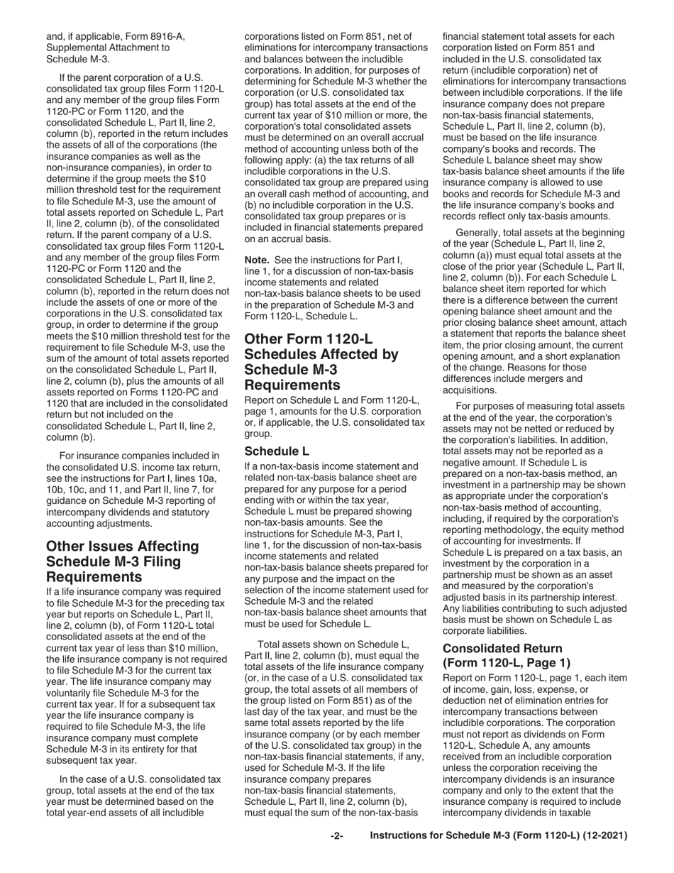 Instructions for IRS Form 1120-L Schedule M-3 Net Income (Loss) Reconciliation for U.S. Life Insurance Companies With Total Assets of $10 Million or More, Page 2