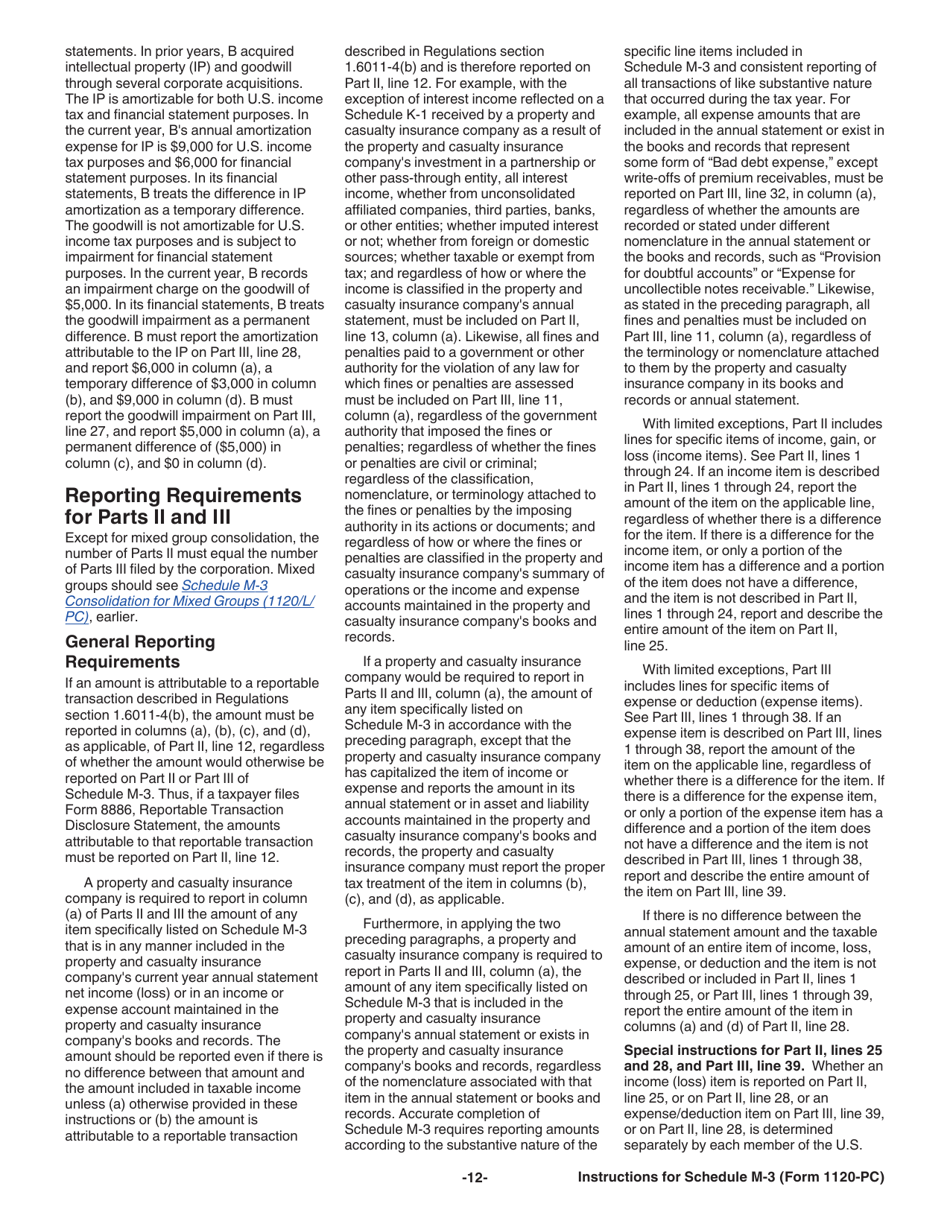 Instructions for IRS Form 1120-PC Schedule M-3 Net Income (Loss) Reconciliation for U.S. Property and Casualty Insurance Companies With Total Assets of $10 Million or More, Page 12