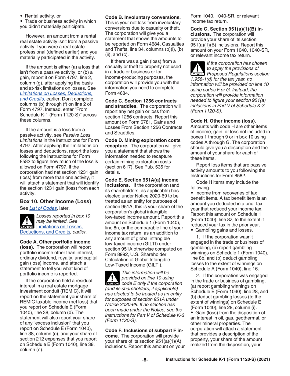 Instructions for IRS Form 1120-S Schedule K-1 Shareholders Share of Income, Deductions, Credits, Etc., Page 8