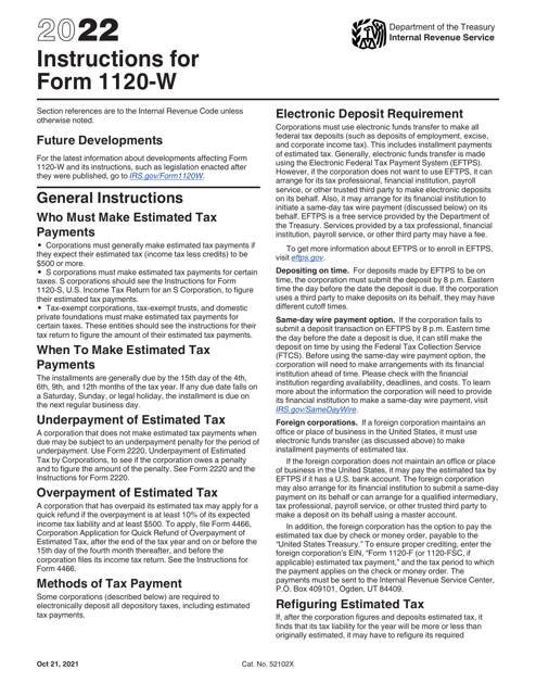 Instructions for IRS Form 1120-W Estimated Tax for Corporations, 2022