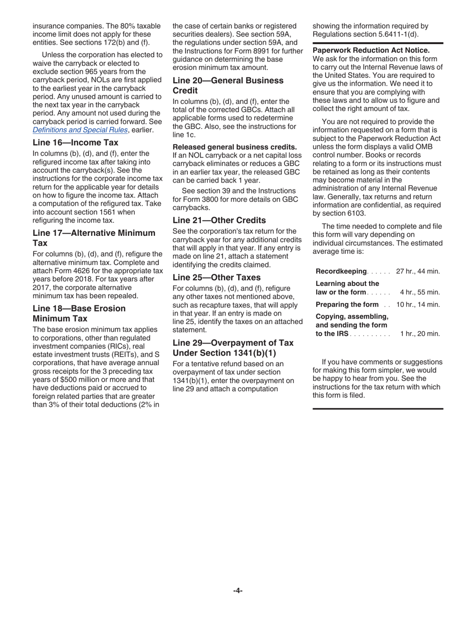 Instructions for IRS Form 1139 Corporation Application for Tentative Refund, Page 4