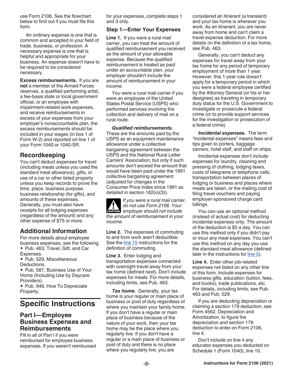 Instructions for IRS Form 2106 Employee Business Expenses, Page 2