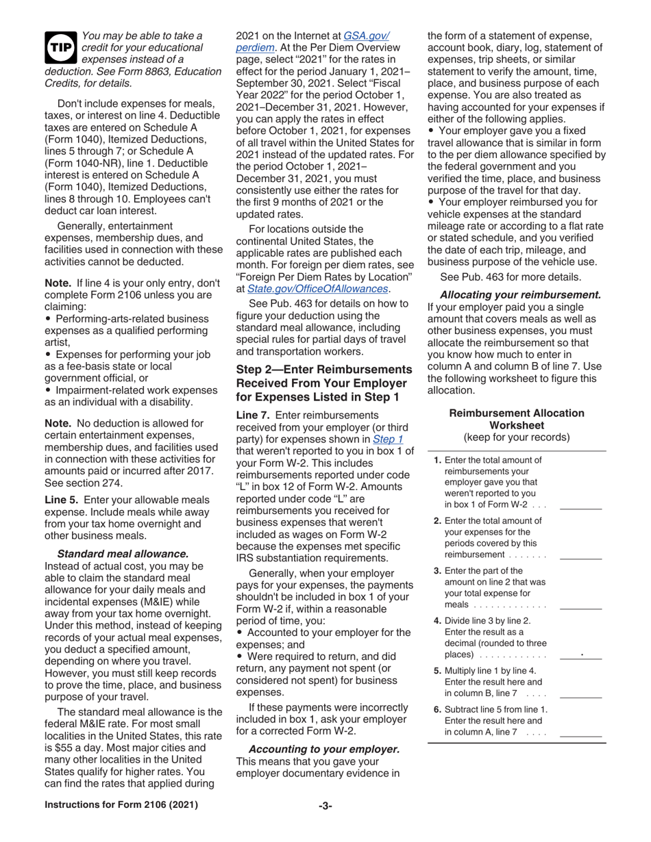Instructions for IRS Form 2106 Employee Business Expenses, Page 3