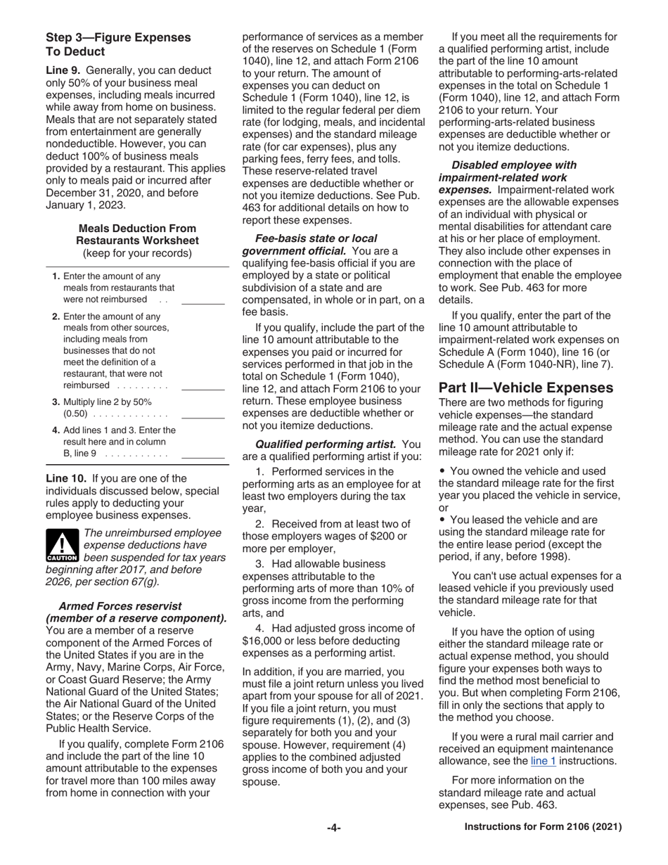 Instructions for IRS Form 2106 Employee Business Expenses, Page 4