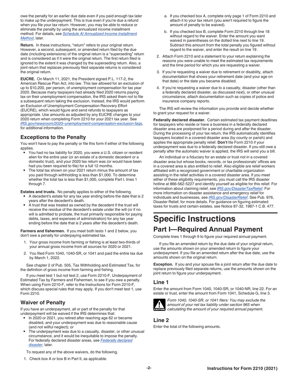 Instructions for IRS Form 2210 Underpayment of Estimated Tax by Individuals, Estates, and Trusts, Page 2