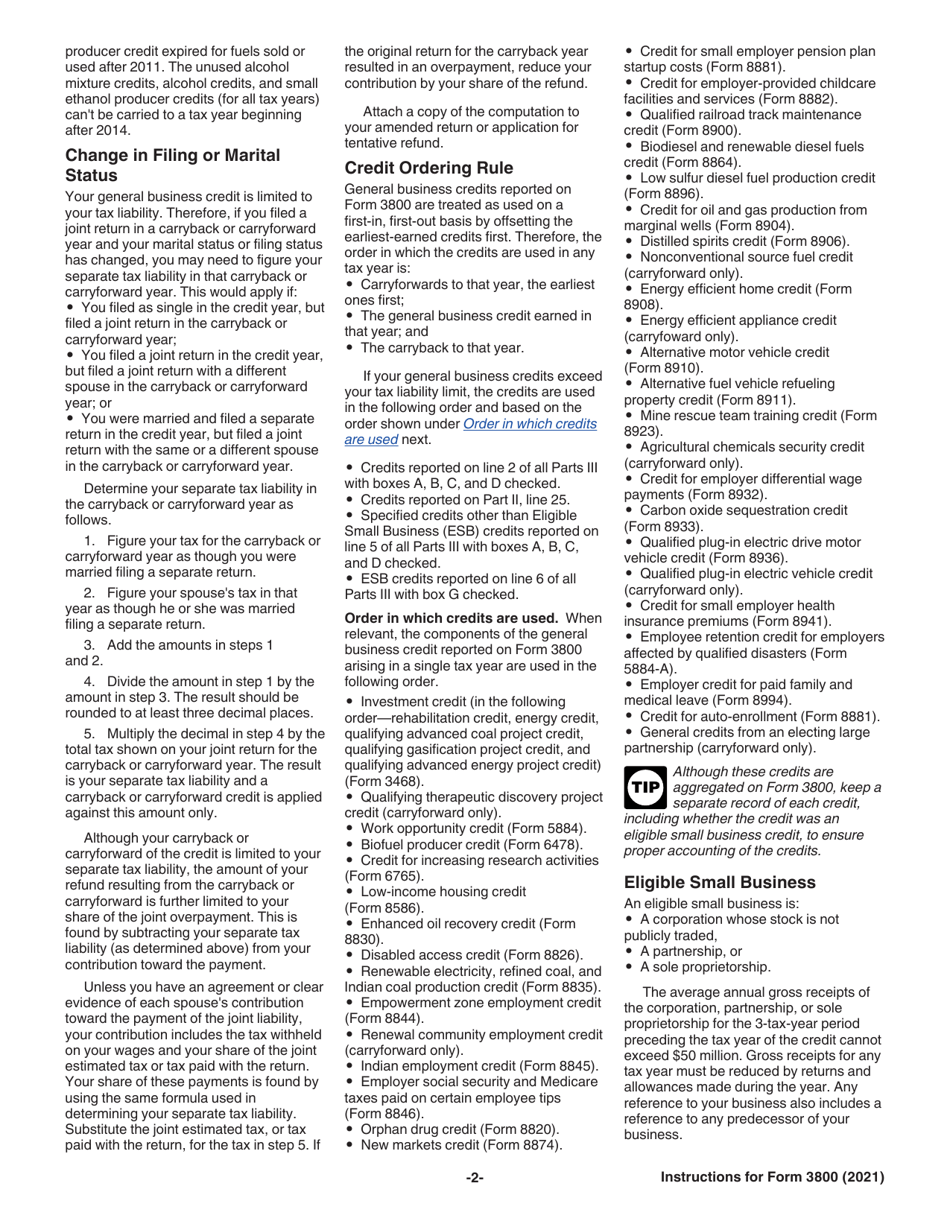 Instructions for IRS Form 3800 General Business Credit, Page 2