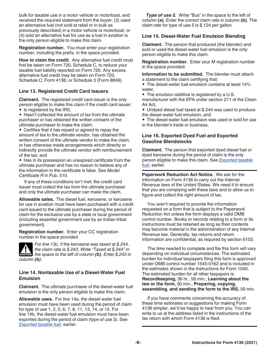 Instructions for IRS Form 4136 Credit for Federal Tax Paid on Fuels, Page 6
