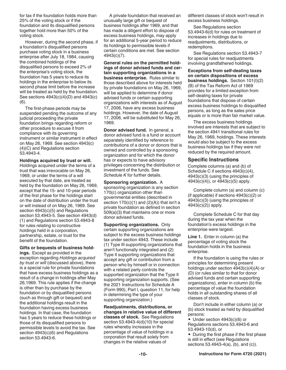 Instructions for IRS Form 4720 Return of Certain Excise Taxes Under Chapters 41 and 42 of the Internal Revenue Code (Sections 170(F)(10), 664(C)(2), 4911, 4912, 4941, 4942, 4943, 4944, 4945, 4955, 4958, 4959, 4960, 4965, 4966, 4967 and 4968), Page 10