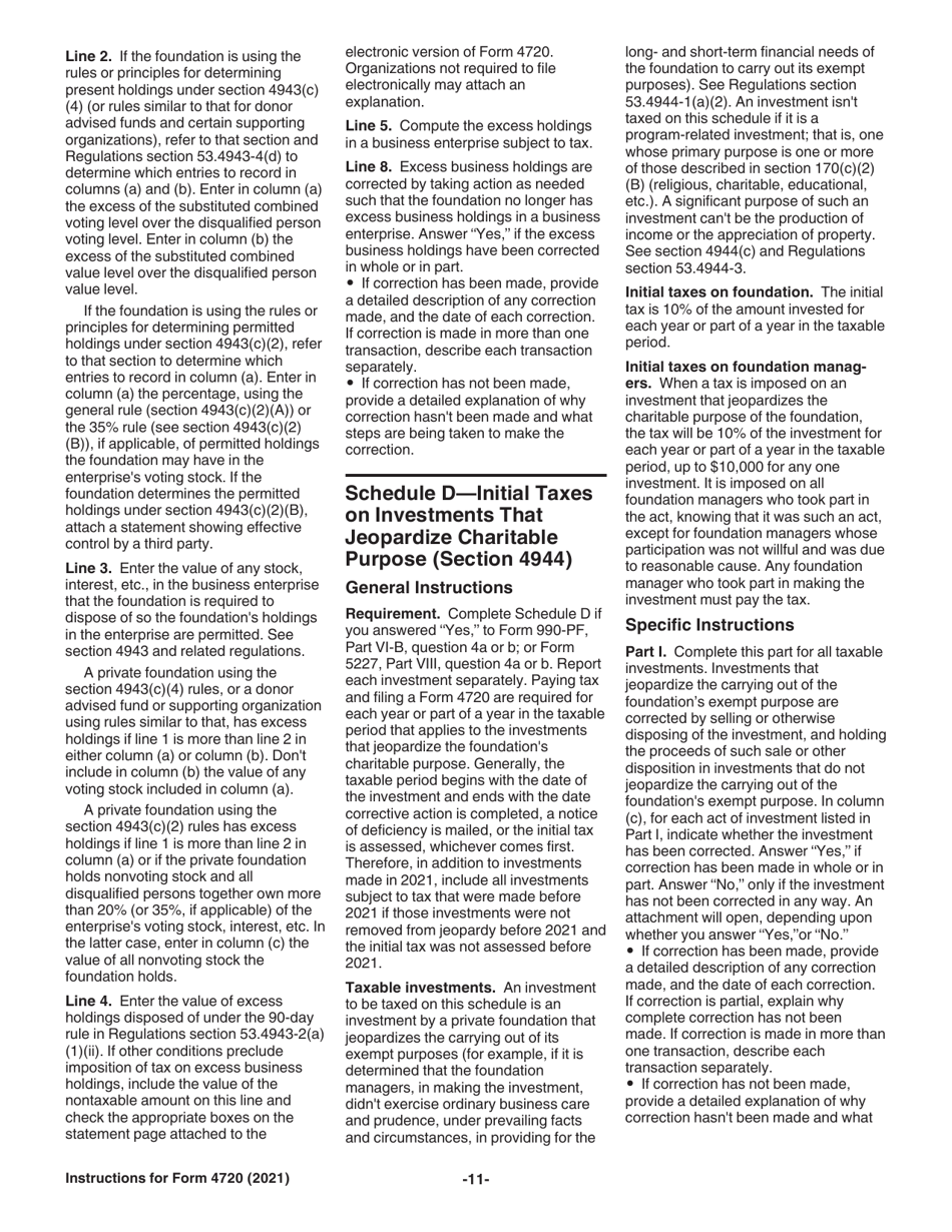 Instructions for IRS Form 4720 Return of Certain Excise Taxes Under Chapters 41 and 42 of the Internal Revenue Code (Sections 170(F)(10), 664(C)(2), 4911, 4912, 4941, 4942, 4943, 4944, 4945, 4955, 4958, 4959, 4960, 4965, 4966, 4967 and 4968), Page 11