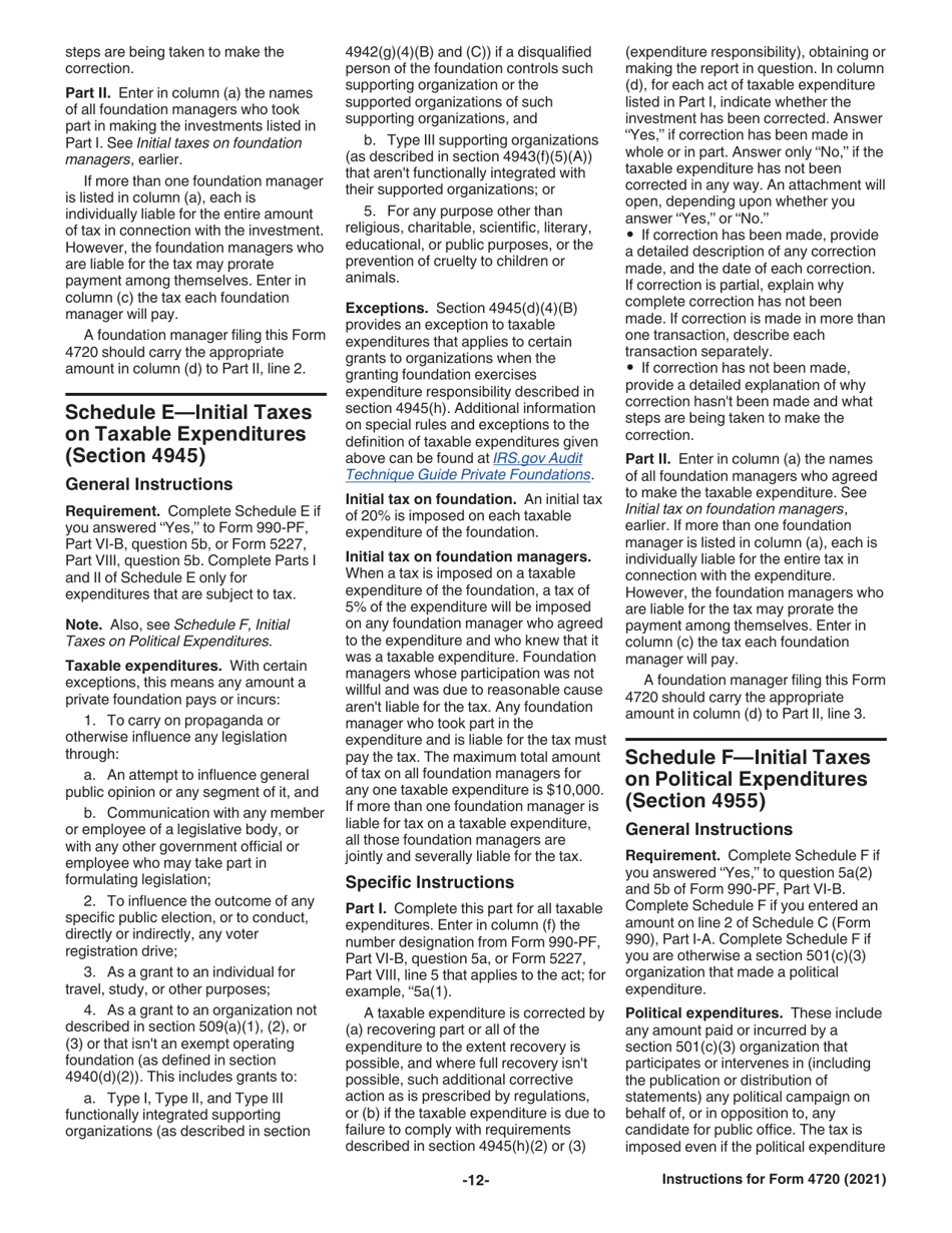 Instructions for IRS Form 4720 Return of Certain Excise Taxes Under Chapters 41 and 42 of the Internal Revenue Code (Sections 170(F)(10), 664(C)(2), 4911, 4912, 4941, 4942, 4943, 4944, 4945, 4955, 4958, 4959, 4960, 4965, 4966, 4967 and 4968), Page 12