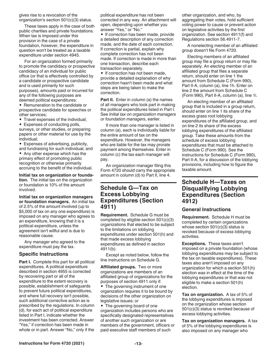 Instructions for IRS Form 4720 Return of Certain Excise Taxes Under Chapters 41 and 42 of the Internal Revenue Code (Sections 170(F)(10), 664(C)(2), 4911, 4912, 4941, 4942, 4943, 4944, 4945, 4955, 4958, 4959, 4960, 4965, 4966, 4967 and 4968), Page 13