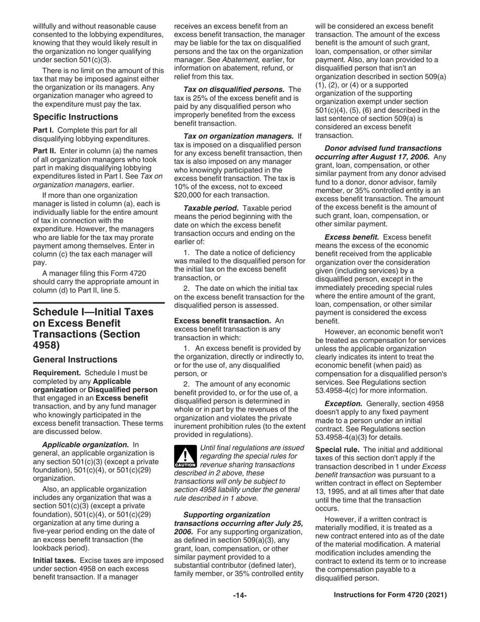 Instructions for IRS Form 4720 Return of Certain Excise Taxes Under Chapters 41 and 42 of the Internal Revenue Code (Sections 170(F)(10), 664(C)(2), 4911, 4912, 4941, 4942, 4943, 4944, 4945, 4955, 4958, 4959, 4960, 4965, 4966, 4967 and 4968), Page 14