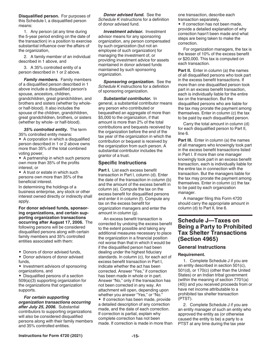 Instructions for IRS Form 4720 Return of Certain Excise Taxes Under Chapters 41 and 42 of the Internal Revenue Code (Sections 170(F)(10), 664(C)(2), 4911, 4912, 4941, 4942, 4943, 4944, 4945, 4955, 4958, 4959, 4960, 4965, 4966, 4967 and 4968), Page 15