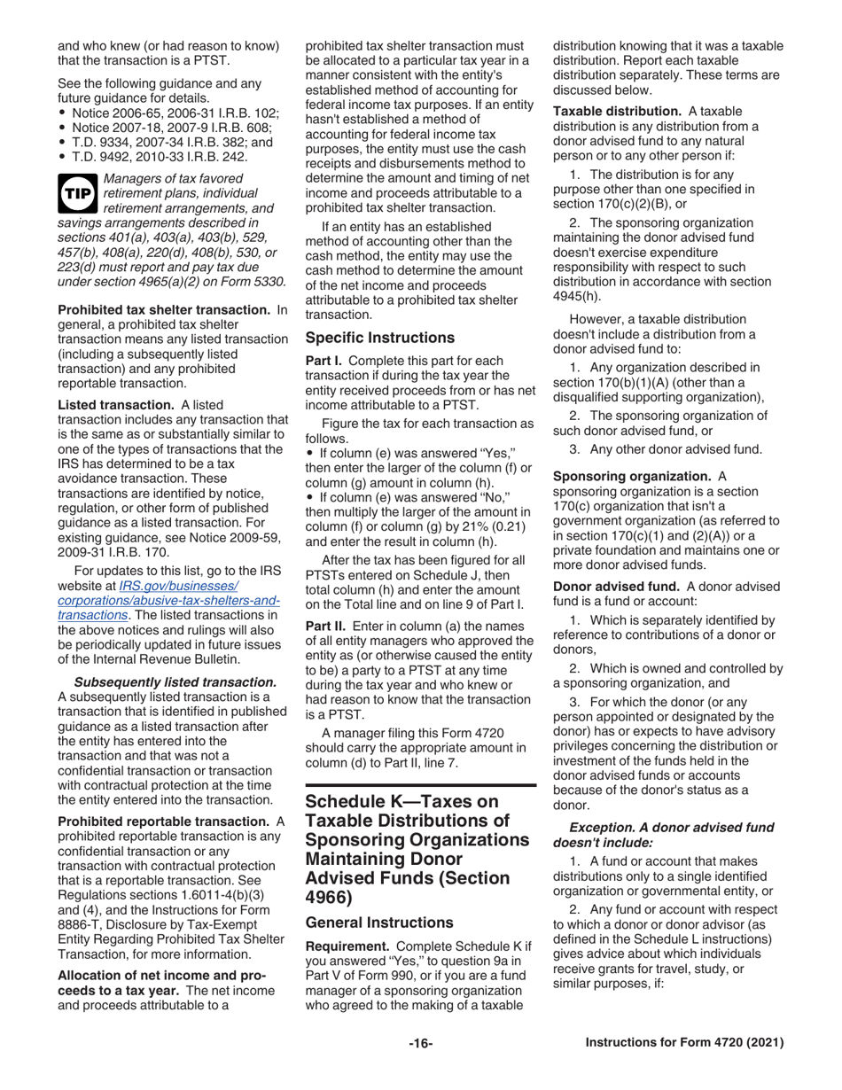 Instructions for IRS Form 4720 Return of Certain Excise Taxes Under Chapters 41 and 42 of the Internal Revenue Code (Sections 170(F)(10), 664(C)(2), 4911, 4912, 4941, 4942, 4943, 4944, 4945, 4955, 4958, 4959, 4960, 4965, 4966, 4967 and 4968), Page 16