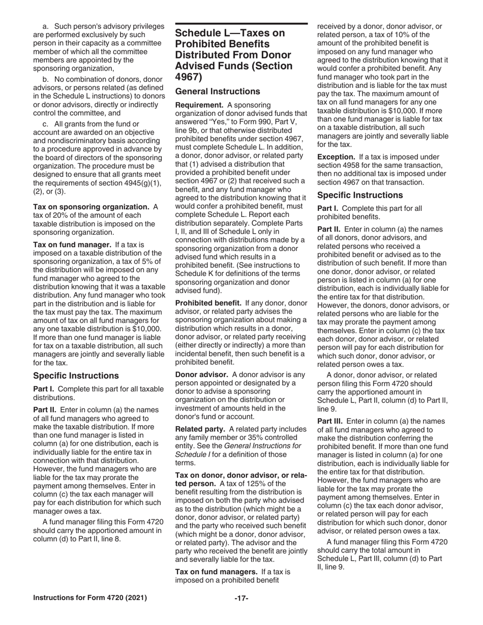 Instructions for IRS Form 4720 Return of Certain Excise Taxes Under Chapters 41 and 42 of the Internal Revenue Code (Sections 170(F)(10), 664(C)(2), 4911, 4912, 4941, 4942, 4943, 4944, 4945, 4955, 4958, 4959, 4960, 4965, 4966, 4967 and 4968), Page 17