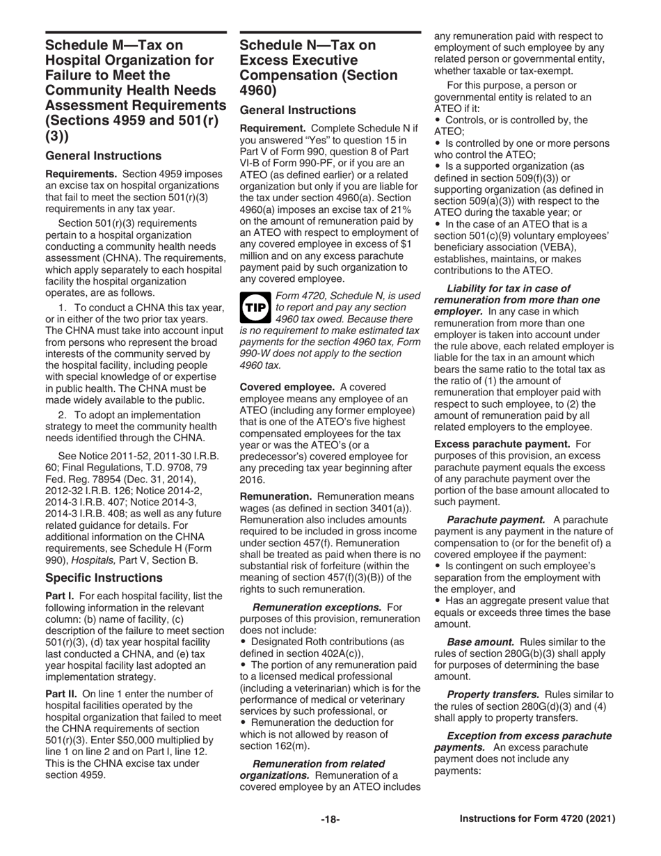 Instructions for IRS Form 4720 Return of Certain Excise Taxes Under Chapters 41 and 42 of the Internal Revenue Code (Sections 170(F)(10), 664(C)(2), 4911, 4912, 4941, 4942, 4943, 4944, 4945, 4955, 4958, 4959, 4960, 4965, 4966, 4967 and 4968), Page 18