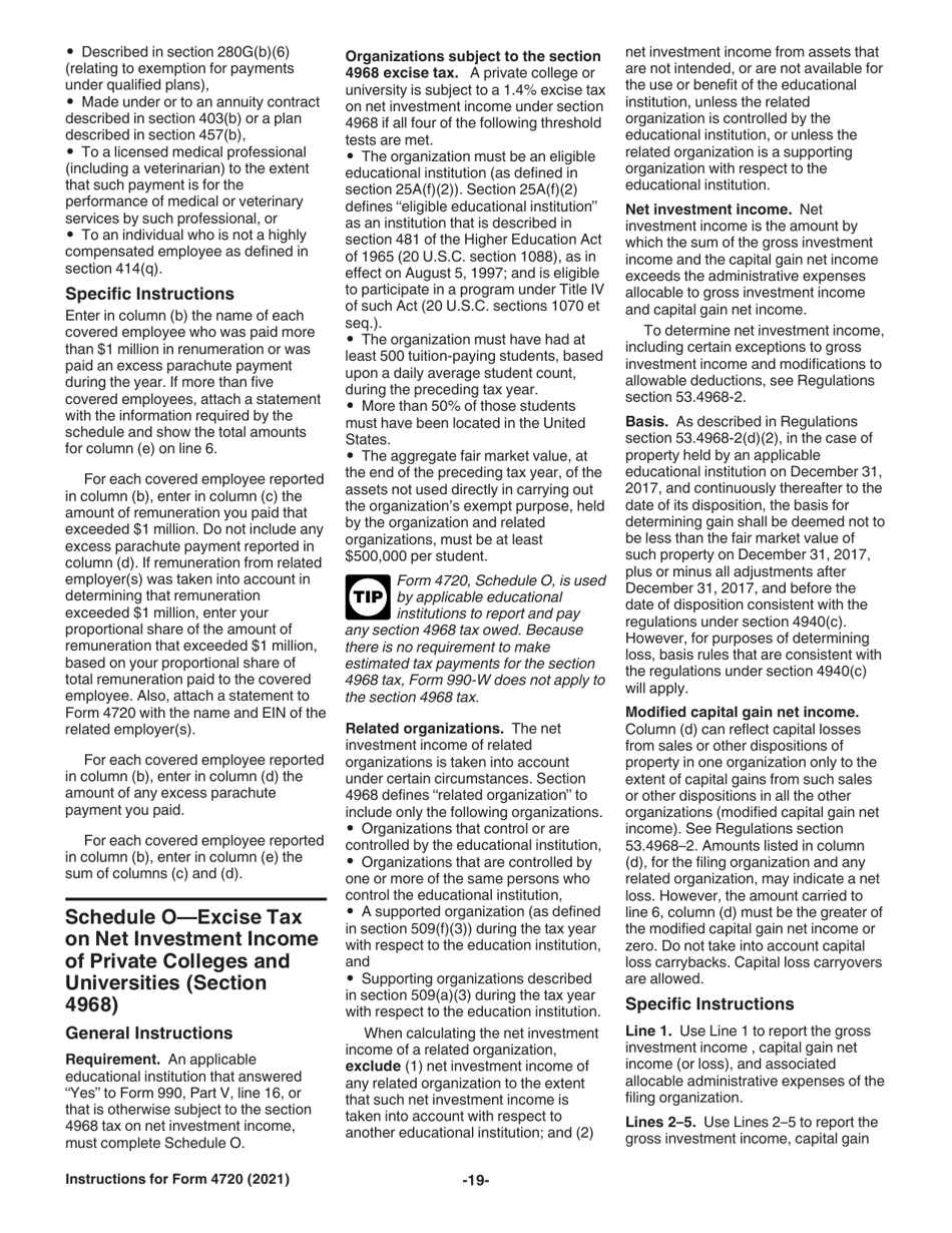 Instructions for IRS Form 4720 Return of Certain Excise Taxes Under Chapters 41 and 42 of the Internal Revenue Code (Sections 170(F)(10), 664(C)(2), 4911, 4912, 4941, 4942, 4943, 4944, 4945, 4955, 4958, 4959, 4960, 4965, 4966, 4967 and 4968), Page 19
