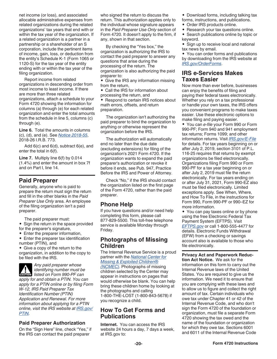 Instructions for IRS Form 4720 Return of Certain Excise Taxes Under Chapters 41 and 42 of the Internal Revenue Code (Sections 170(F)(10), 664(C)(2), 4911, 4912, 4941, 4942, 4943, 4944, 4945, 4955, 4958, 4959, 4960, 4965, 4966, 4967 and 4968), Page 20