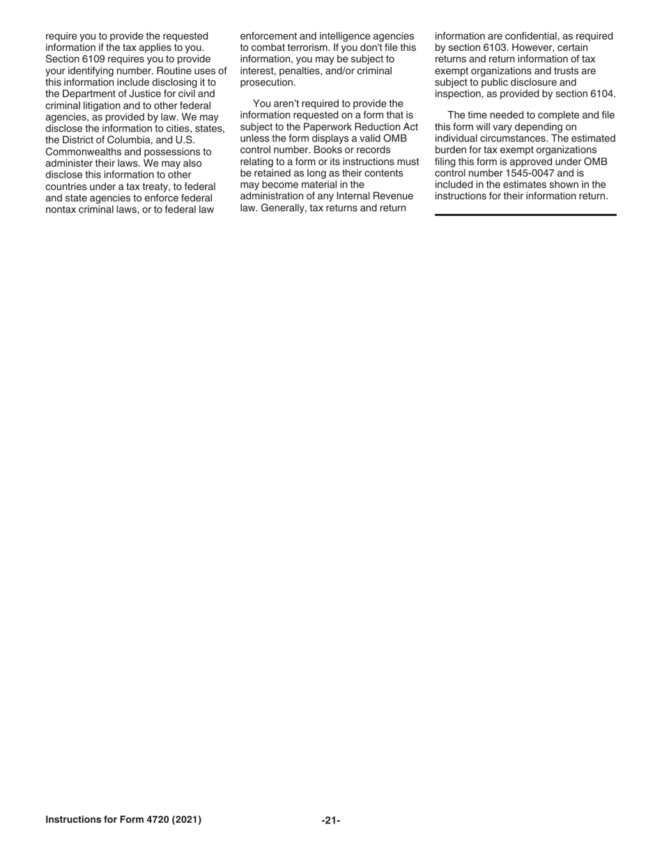 Instructions for IRS Form 4720 Return of Certain Excise Taxes Under Chapters 41 and 42 of the Internal Revenue Code (Sections 170(F)(10), 664(C)(2), 4911, 4912, 4941, 4942, 4943, 4944, 4945, 4955, 4958, 4959, 4960, 4965, 4966, 4967 and 4968), Page 21