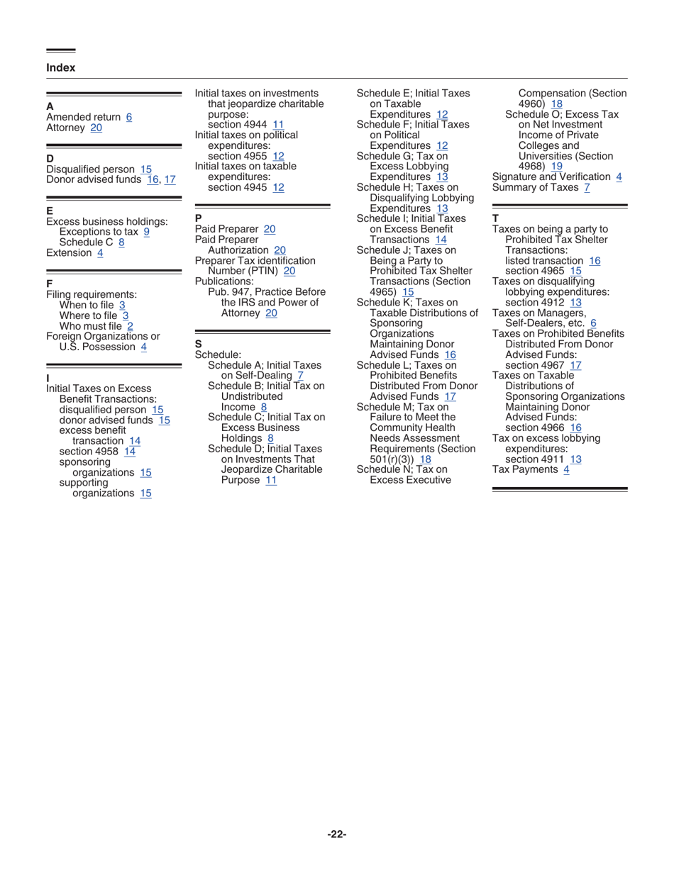 Instructions for IRS Form 4720 Return of Certain Excise Taxes Under Chapters 41 and 42 of the Internal Revenue Code (Sections 170(F)(10), 664(C)(2), 4911, 4912, 4941, 4942, 4943, 4944, 4945, 4955, 4958, 4959, 4960, 4965, 4966, 4967 and 4968), Page 22