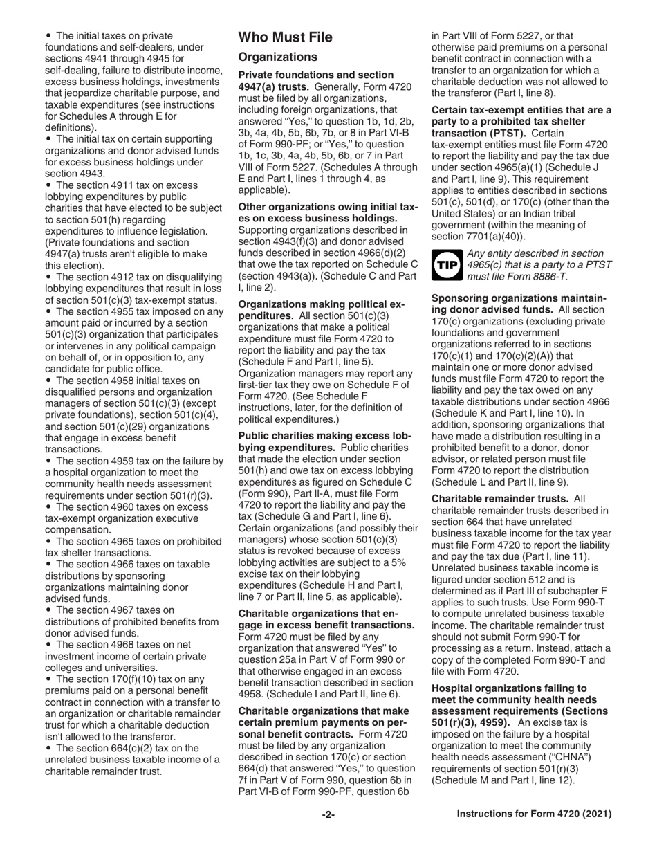 Instructions for IRS Form 4720 Return of Certain Excise Taxes Under Chapters 41 and 42 of the Internal Revenue Code (Sections 170(F)(10), 664(C)(2), 4911, 4912, 4941, 4942, 4943, 4944, 4945, 4955, 4958, 4959, 4960, 4965, 4966, 4967 and 4968), Page 2