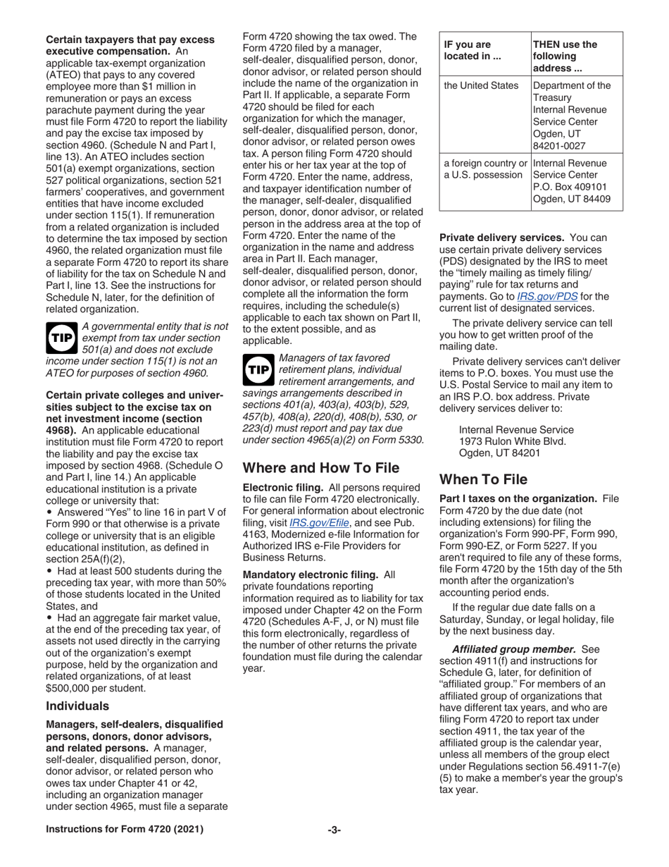 Instructions for IRS Form 4720 Return of Certain Excise Taxes Under Chapters 41 and 42 of the Internal Revenue Code (Sections 170(F)(10), 664(C)(2), 4911, 4912, 4941, 4942, 4943, 4944, 4945, 4955, 4958, 4959, 4960, 4965, 4966, 4967 and 4968), Page 3