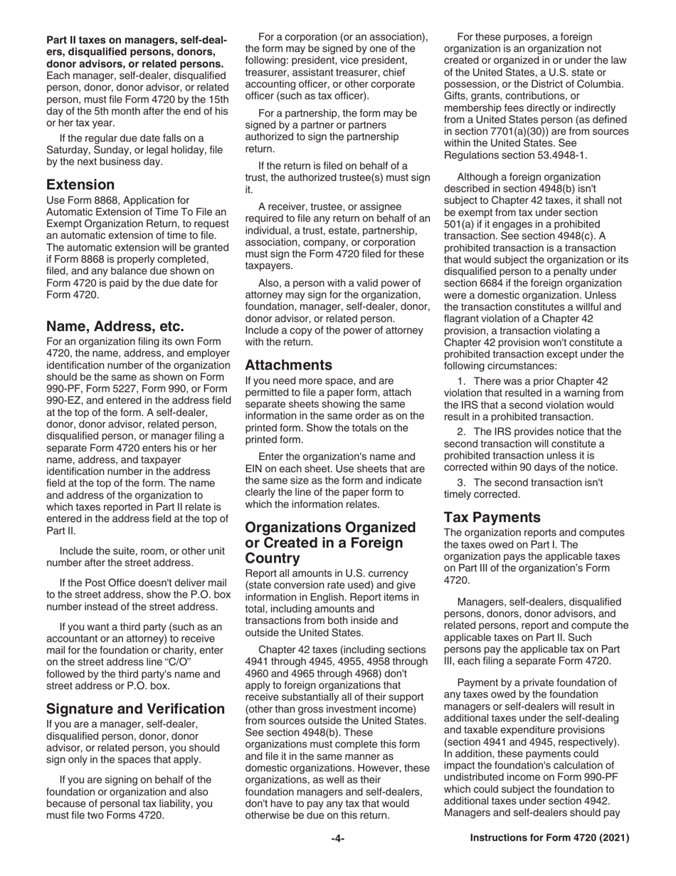 Instructions for IRS Form 4720 Return of Certain Excise Taxes Under Chapters 41 and 42 of the Internal Revenue Code (Sections 170(F)(10), 664(C)(2), 4911, 4912, 4941, 4942, 4943, 4944, 4945, 4955, 4958, 4959, 4960, 4965, 4966, 4967 and 4968), Page 4