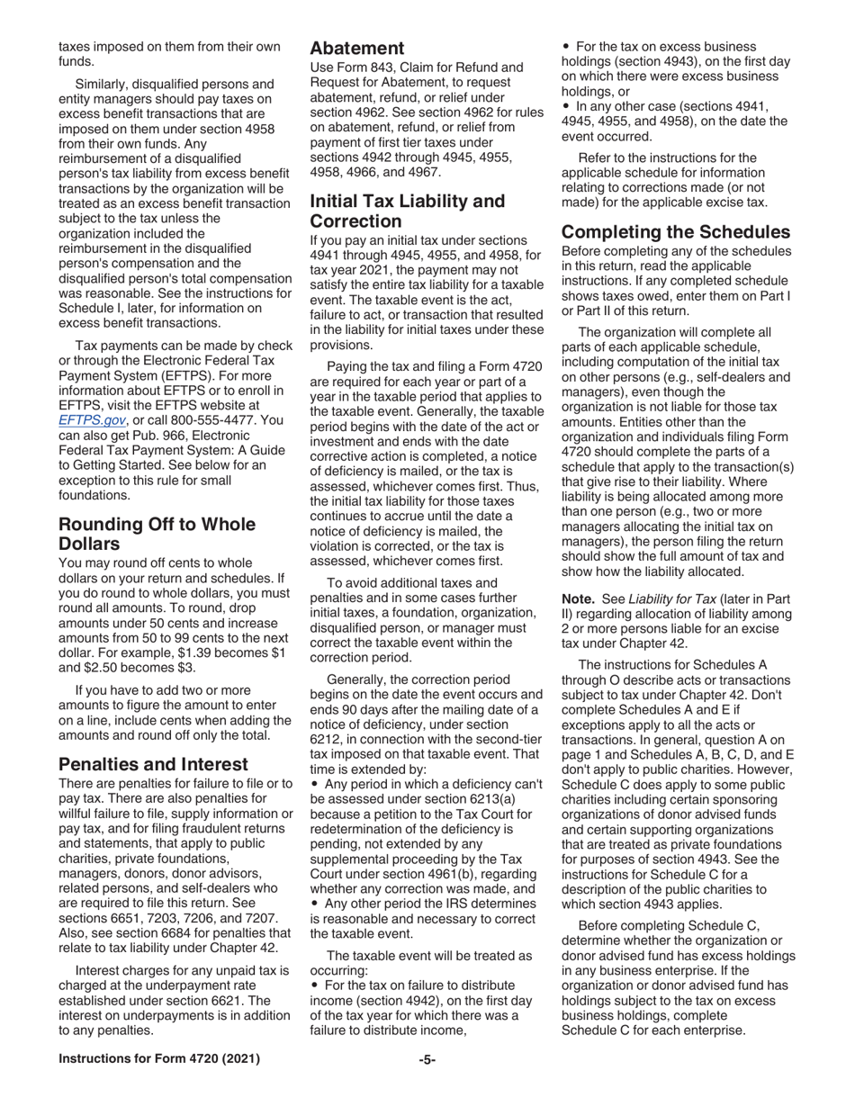 Instructions for IRS Form 4720 Return of Certain Excise Taxes Under Chapters 41 and 42 of the Internal Revenue Code (Sections 170(F)(10), 664(C)(2), 4911, 4912, 4941, 4942, 4943, 4944, 4945, 4955, 4958, 4959, 4960, 4965, 4966, 4967 and 4968), Page 5