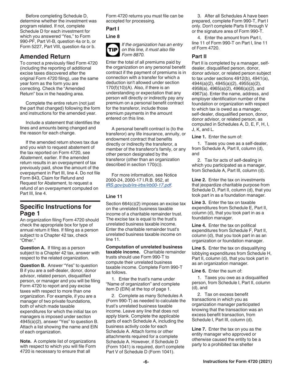 Instructions for IRS Form 4720 Return of Certain Excise Taxes Under Chapters 41 and 42 of the Internal Revenue Code (Sections 170(F)(10), 664(C)(2), 4911, 4912, 4941, 4942, 4943, 4944, 4945, 4955, 4958, 4959, 4960, 4965, 4966, 4967 and 4968), Page 6