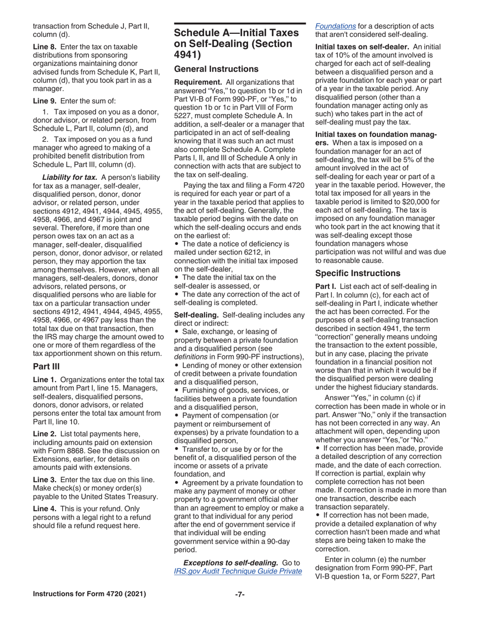 Instructions for IRS Form 4720 Return of Certain Excise Taxes Under Chapters 41 and 42 of the Internal Revenue Code (Sections 170(F)(10), 664(C)(2), 4911, 4912, 4941, 4942, 4943, 4944, 4945, 4955, 4958, 4959, 4960, 4965, 4966, 4967 and 4968), Page 7