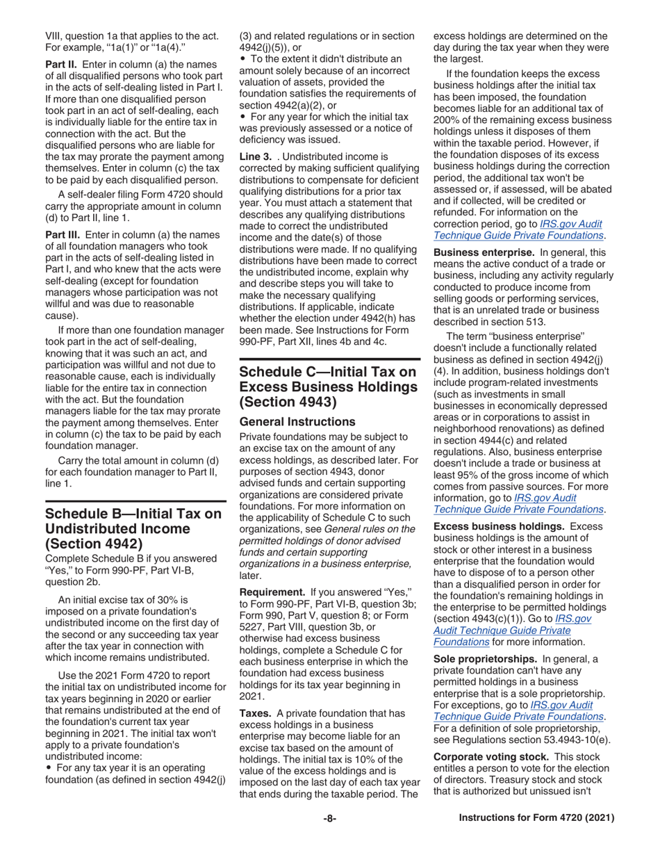 Instructions for IRS Form 4720 Return of Certain Excise Taxes Under Chapters 41 and 42 of the Internal Revenue Code (Sections 170(F)(10), 664(C)(2), 4911, 4912, 4941, 4942, 4943, 4944, 4945, 4955, 4958, 4959, 4960, 4965, 4966, 4967 and 4968), Page 8