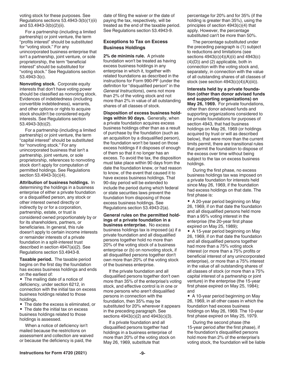 Instructions for IRS Form 4720 Return of Certain Excise Taxes Under Chapters 41 and 42 of the Internal Revenue Code (Sections 170(F)(10), 664(C)(2), 4911, 4912, 4941, 4942, 4943, 4944, 4945, 4955, 4958, 4959, 4960, 4965, 4966, 4967 and 4968), Page 9