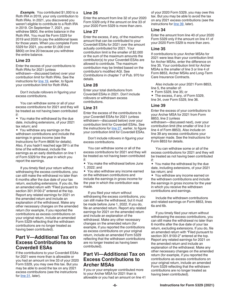Instructions for IRS Form 5329 Additional Taxes on Qualified Plans (Including IRAs) and Other Tax-Favored Accounts, Page 6