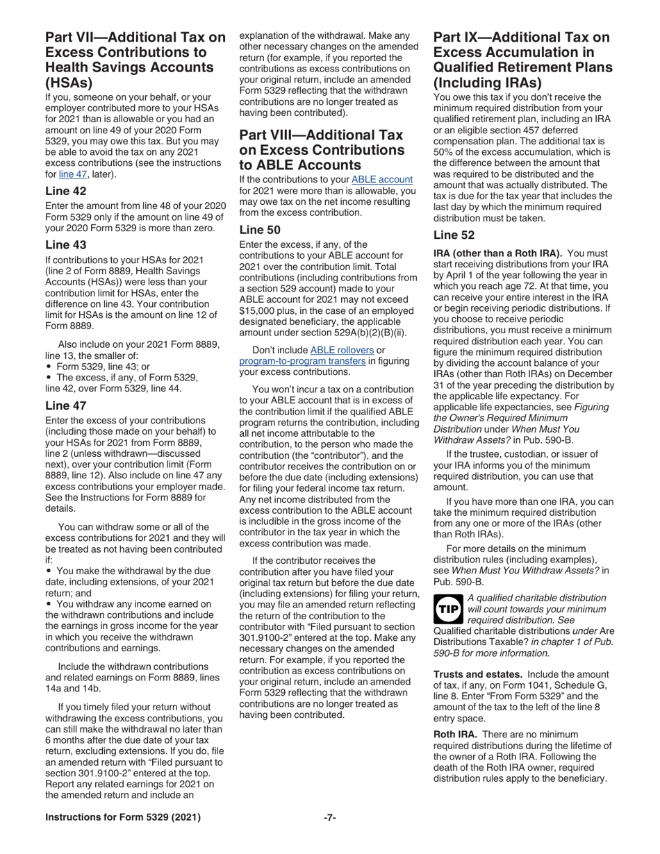 Instructions for IRS Form 5329 Additional Taxes on Qualified Plans (Including IRAs) and Other Tax-Favored Accounts, Page 7