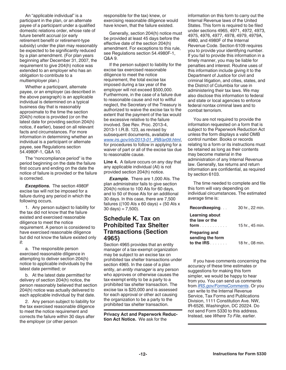 Instructions for IRS Form 5330 Return of Excise Taxes Related to Employee Benefit Plans, Page 12