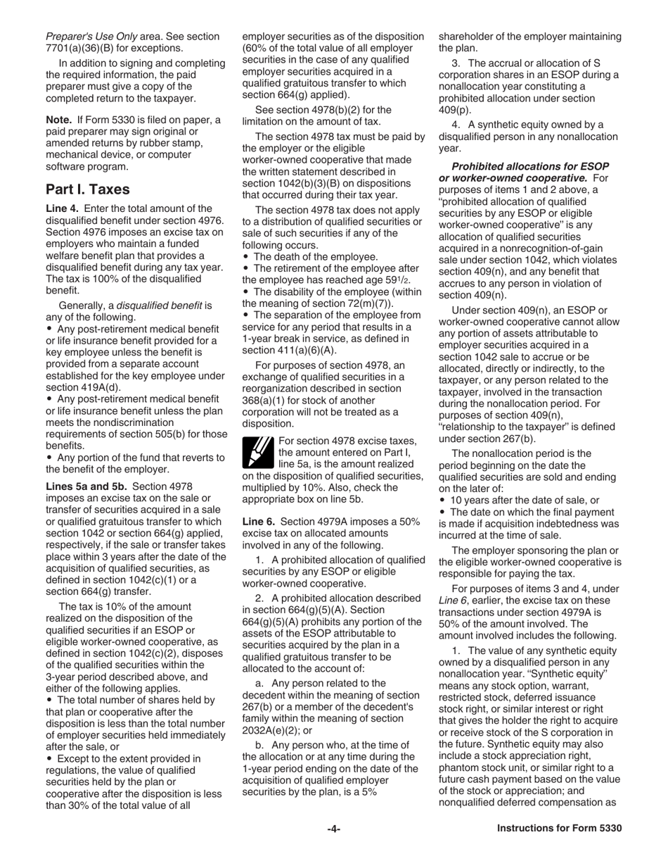 Instructions for IRS Form 5330 Return of Excise Taxes Related to Employee Benefit Plans, Page 4
