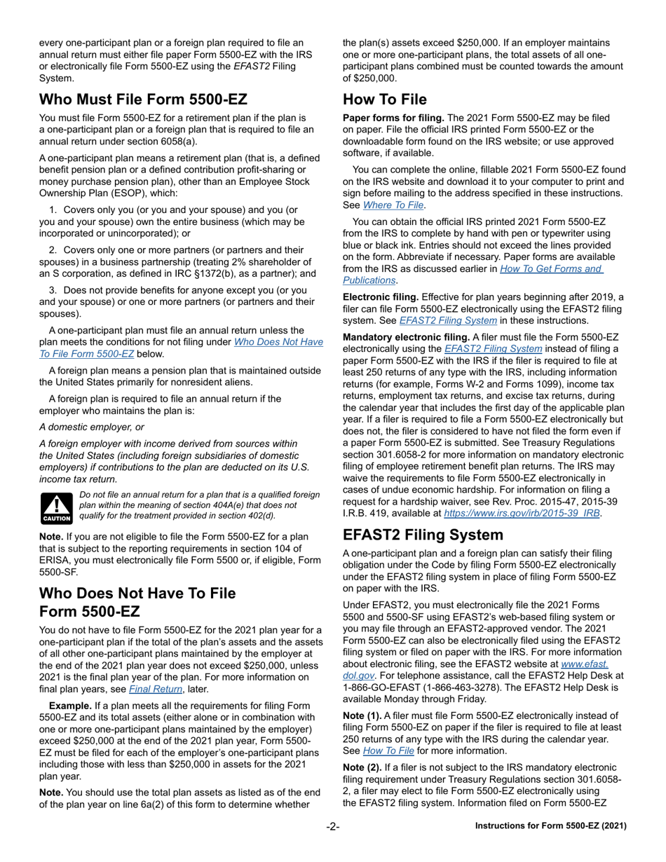 Instructions for IRS Form 5500-EZ Annual Return of a One-Participant (Owners / Partners and Their Spouses) Retirement Plan or a Foreign Plan, Page 2