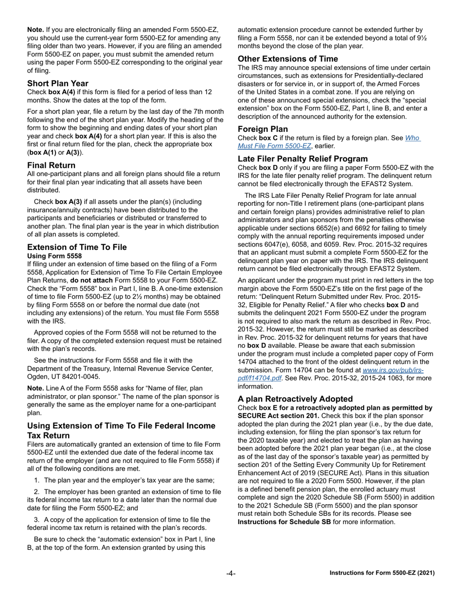 Instructions for IRS Form 5500-EZ Annual Return of a One-Participant (Owners / Partners and Their Spouses) Retirement Plan or a Foreign Plan, Page 4