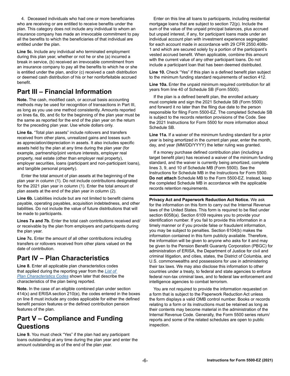 Instructions for IRS Form 5500-EZ Annual Return of a One-Participant (Owners / Partners and Their Spouses) Retirement Plan or a Foreign Plan, Page 6