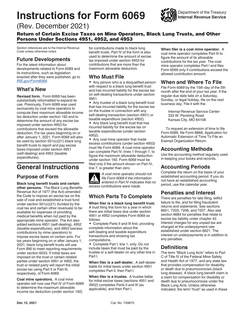 Download Instructions for IRS Form 6069 Return of Certain Excise Taxes